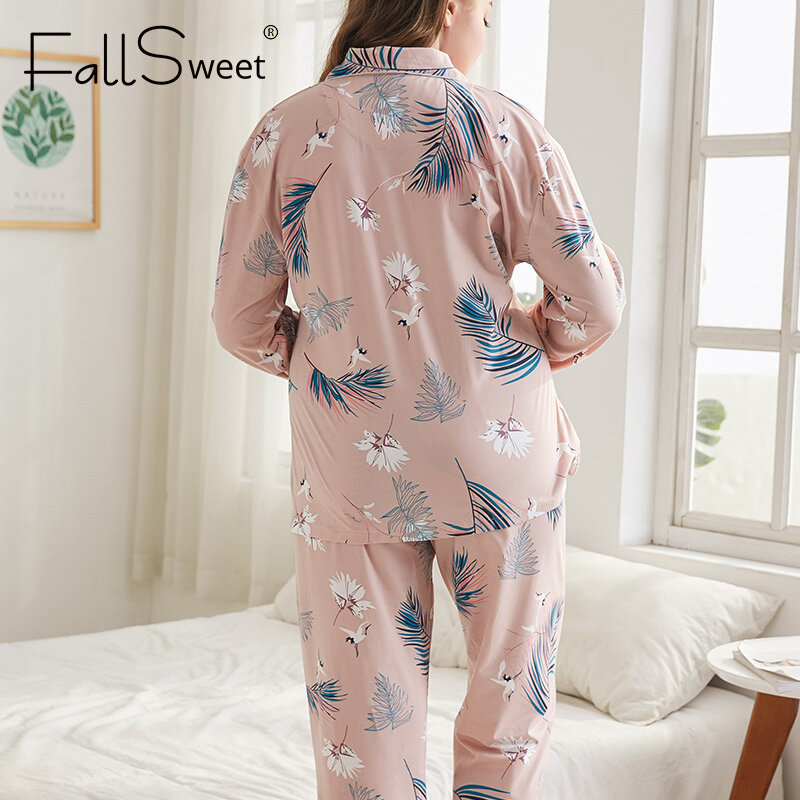 FallSweet 플러스 사이즈 잠옷 여성용 긴 소매 인쇄 잠옷 여성 잠옷 섹시한 Nightwear 4XL