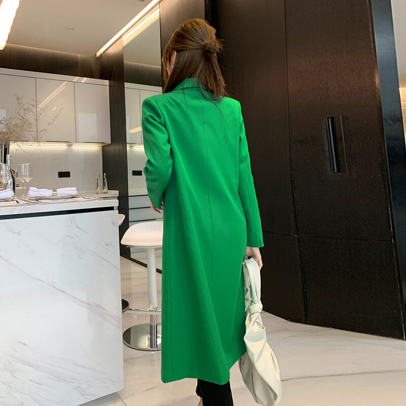 Verde blusão feminino médio longo 2021 primavera e outono novo estilo temperamento deusa fã mingyuan versátil cintura simples