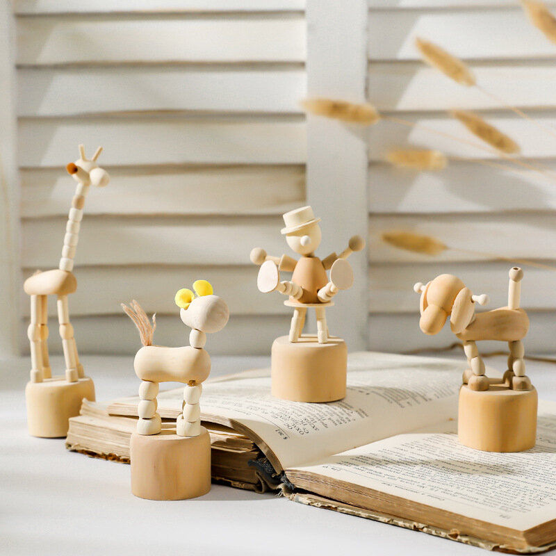 Cartone animato opere d'arte in legno burattino mobile desktop figurine ornamenti clown cavallo giraffa cane statua artigianato giocattoli regali decorazione domestica