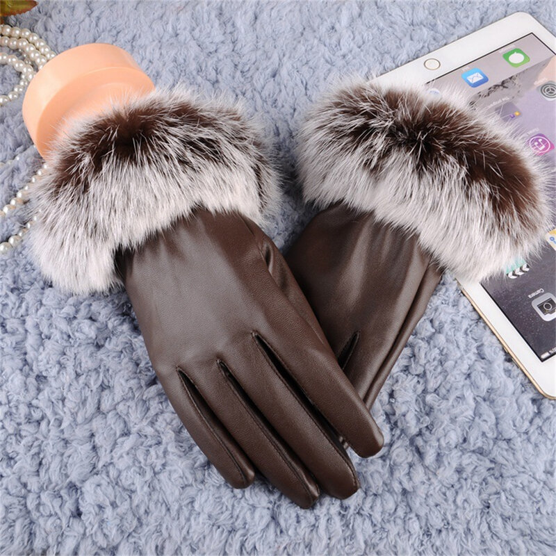 Осенне-зимние женские уличные теплые кожаные перчатки из искусственной кожи с кроличьим мехом для сенсорного экрана бархатные ветрозащитные велосипедные перчатки