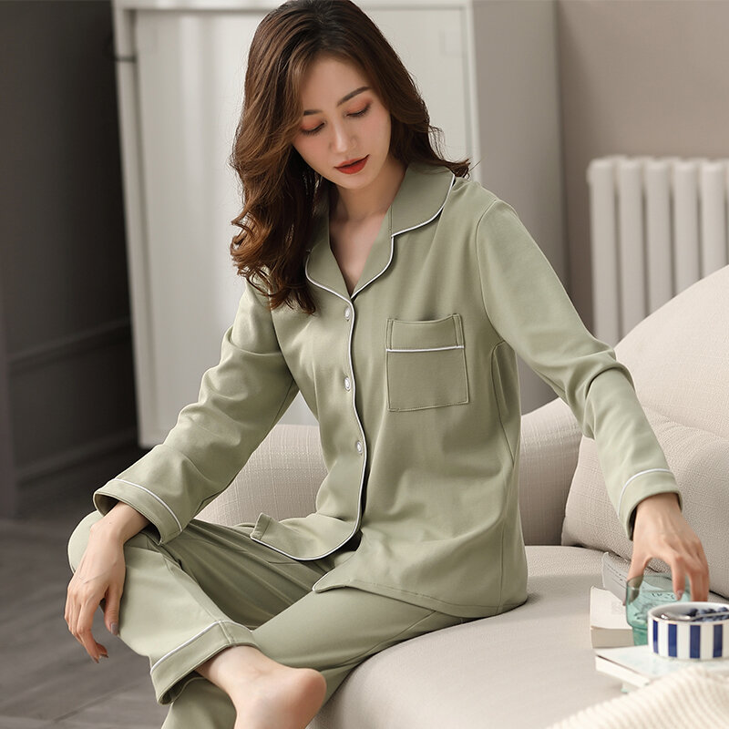 Pyjama 100% coton pour femmes, vêtements de nuit, vert, pour la maison, hiver