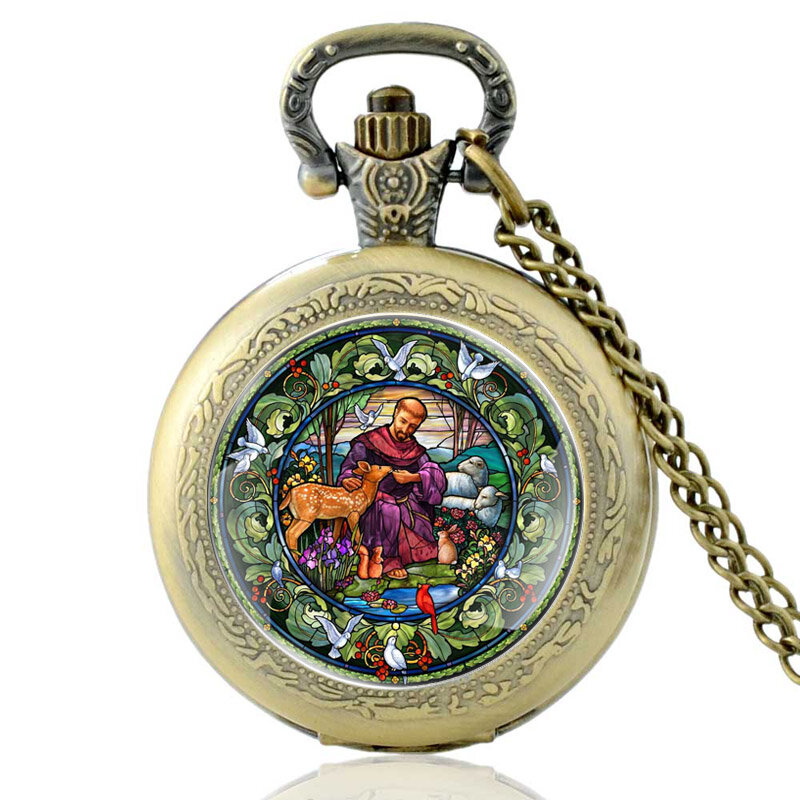 St. Francis And God 'S Creation Design Silver Vintage Quartz Pocket Watch Liontin Jam Watch Charm Pria Wanita Kalung Hadiah