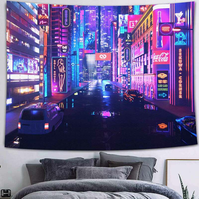 Simsant Cyber-Punk Tapestry Psychedelic Fantasy Future City Cyberspace Tapestry Neon "Good Vibes Only" Planet Mountains Poster