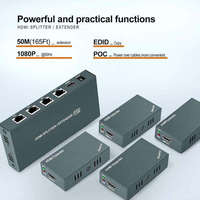 1x4 HDMI Extender Splitter Over Cat5e/Cat6/Cat7 Ethernet Cable Up to 50m/165ft - EDID Management & Bi-Directional IR Remote