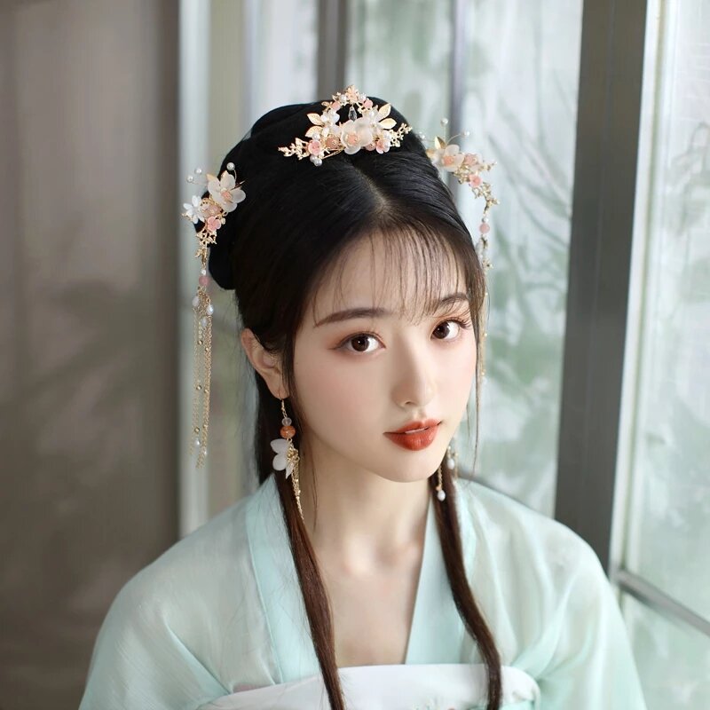 Set Aksesori Rambut Hanfu Tiongkok Jepit Rambut Antik Berumbai Panjang Stik Rambut Bunga Buatan Tangan untuk Wanita Perhiasan Retro Tradisional