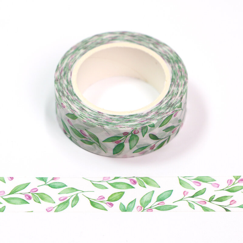 Fita washi decorativa de folhas verdes e roxas, material de escritório para faça-você-mesmo, 15mm * 10m, 1 peça