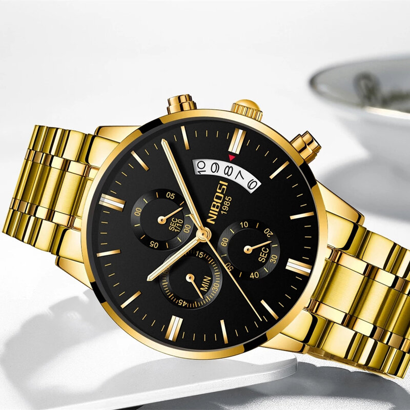 NIBOSI Gold นาฬิกาผู้ชายหรูหราแบรนด์ที่มีชื่อเสียงผู้ชายแฟชั่น Casual นาฬิกานาฬิกาข้อมือควอตซ์ทหาร Relogio Masculino 2309