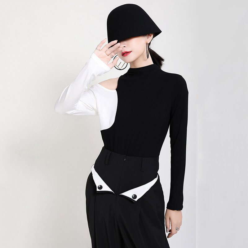 [EAM] Off Shoulder Knitting Sweater Loose Fit Mock Neck Long Sleeve Women Pullovers New Fashion Tide Autumn Winter 2020 1DC699