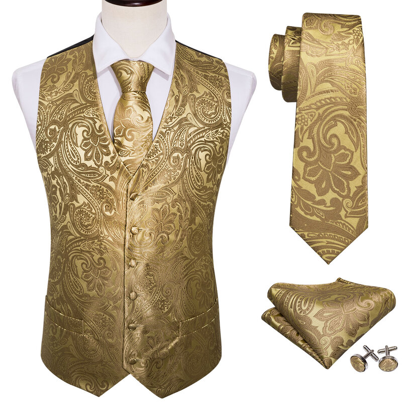 4PC Mens Extra Silk Vest Party Wedding Gold Paisley nero verde blu rosso Solid Gilet Tie Suit Set Gilet maschile Barry.Wang