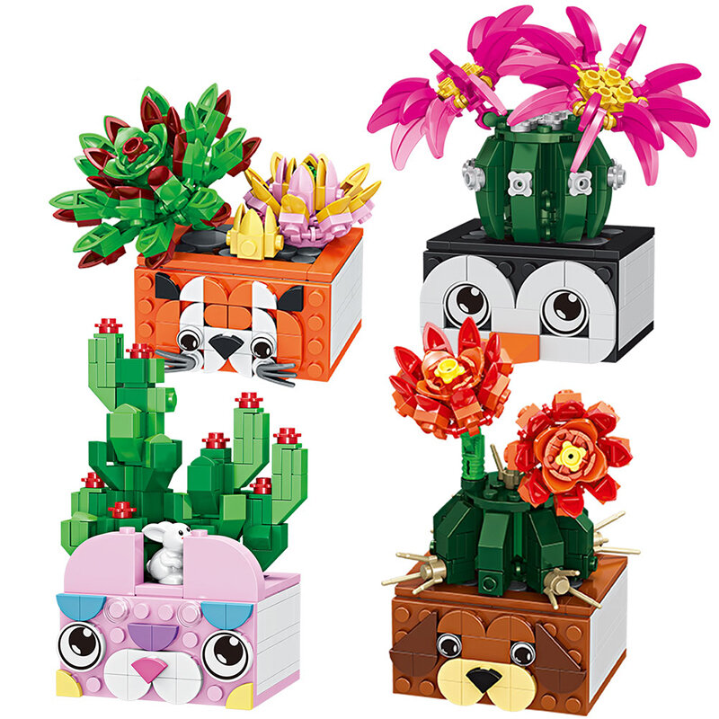 Mini plantes en Pot blocs de construction, Pot de plantes cactus succulentes, fleurs fraîches, ornements de bureau, modèle de briques pour jouets d'enfants