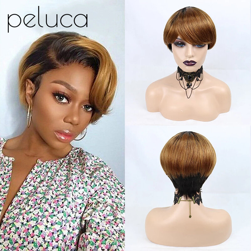 Peluca – perruque Afro brésilienne courte avec frange, 100% cheveux naturels, coupe Pixie, couleurs blond miel ombré, pour femmes africaines, tendance