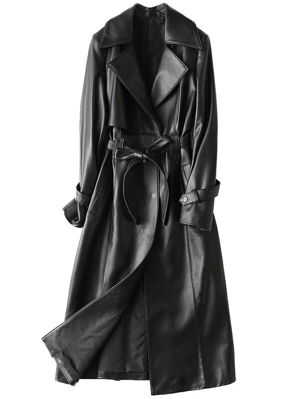 Lautaro الخريف طويل أسود بولي Leather الجلود خندق معطف للنساء طويلة الأكمام حزام أنيقة النمط البريطاني موضة 2021 4xl 5xl 6xl 7xl