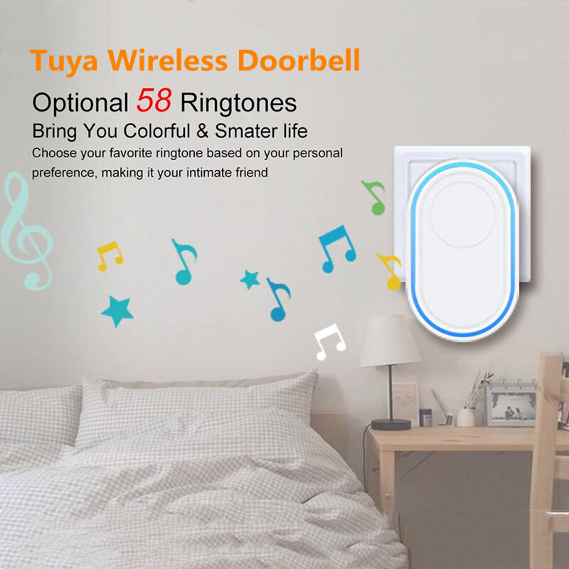 Беспроводной умный дверной звонок Tuya с Wi-Fi, умный дверной звонок с сигнализацией, 5 лет автономной работы, 58 мелодий, 5 уровней регулировки громкости