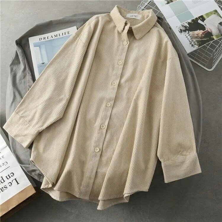 Ebaihui Vrouwen Solid Corduroy Shirts Vintage Blouse Lange Mouwen Turn-Down Kraag Losse Top Oversized Shirt Feminina Blusa