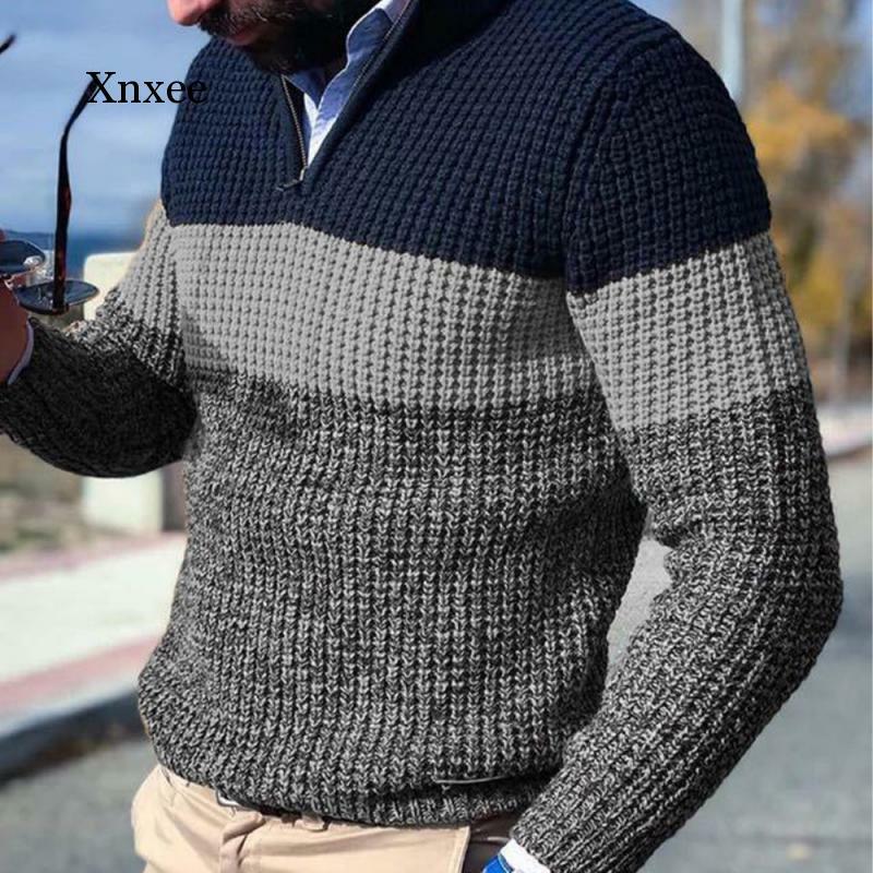 Sweter Jahitan Pria Sweter Pullover Musim Gugur dan Musim Dingin Sweter Rajutan Blok Warna Kerah V Lengan Panjang