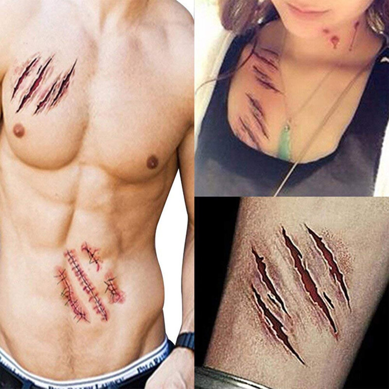 2Pcs Halloween Zombie Scars Tattoos With Fake Scab Bloody Makeup Halloween Decoration Wound Scary Blood Injury Sticker