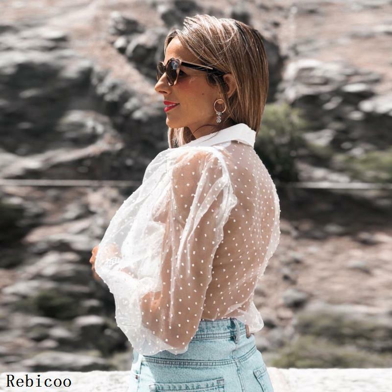 Wanita Mesh Sheer Blouse See-Through Lengan Panjang Kemeja Top Blus Fashion Mutiara Tombol Transparan Kemeja Putih Wanita Blusas