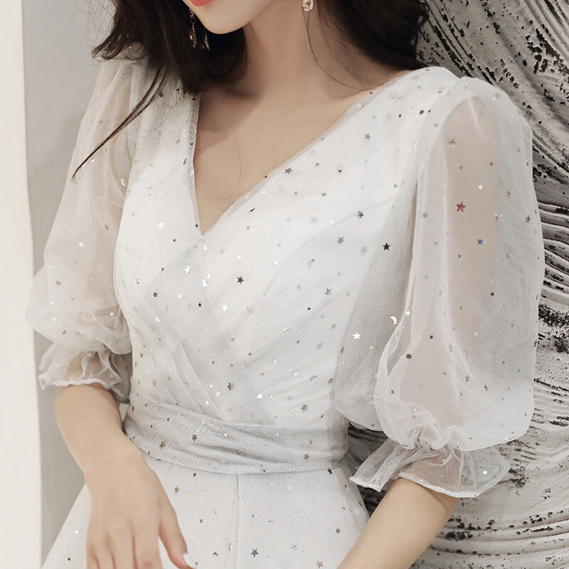 Petite robe ligne de fée blanche, mi-longue, tenue de soirée, pour Banquet, nouvelle collection 2020
