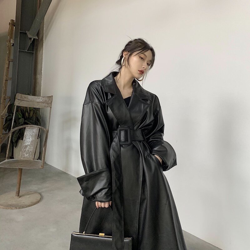 Lautaro długi, w stylu oversized skórzany płaszcz trencz dla kobiet z długim rękawem klapa luźny krój jesień stylowe czarne kobiety odzież streetwear