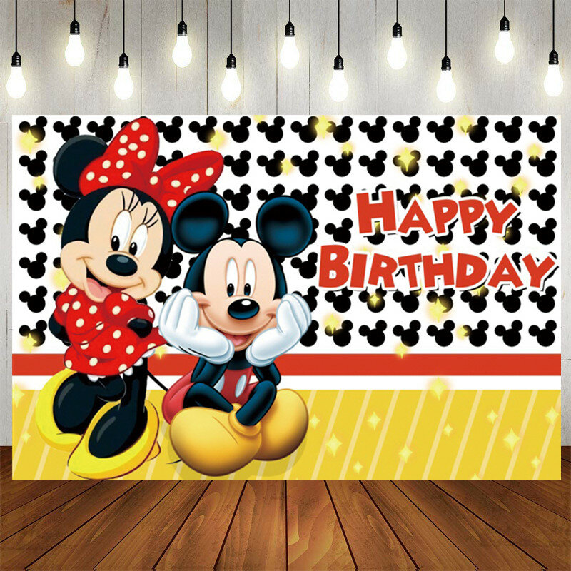 การ์ตูนไวนิล Mickey Mouse Party ฉากหลัง Minnie Mouse พื้นหลังผ้าเด็กทารกฝักบัวตกแต่ง
