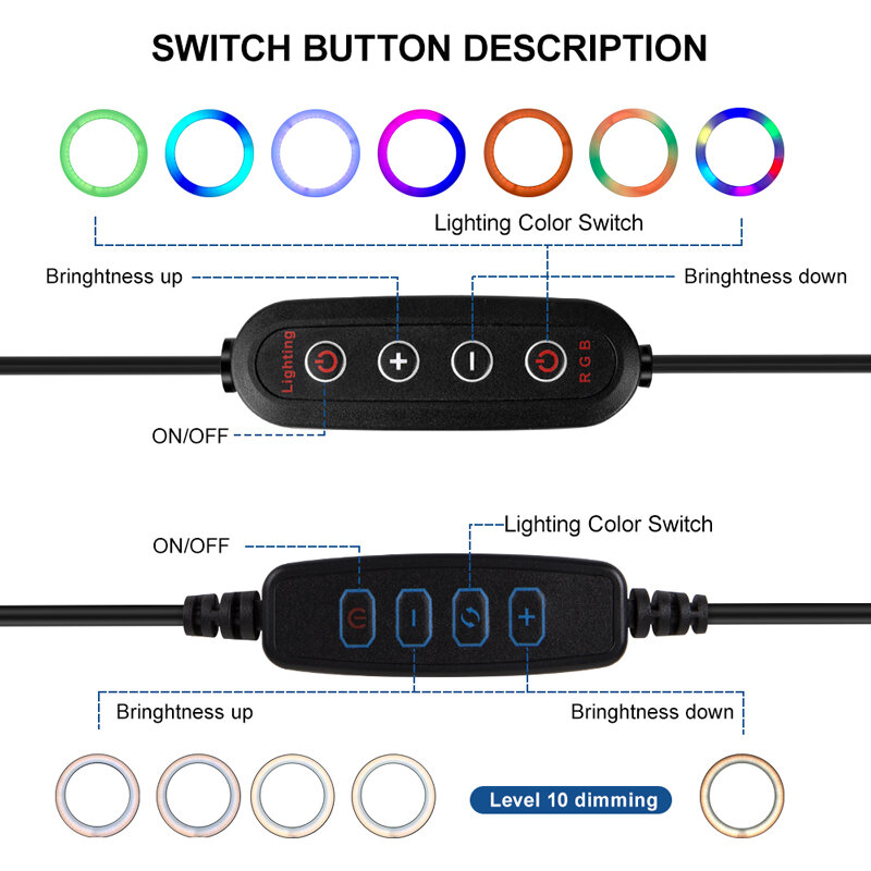 Yizhestudio-Anillo de luz RGB regulable de 10 "con clip para teléfono, luz de anillo con soporte/control remoto, enchufe USB para Youtube/transmisión en vivo