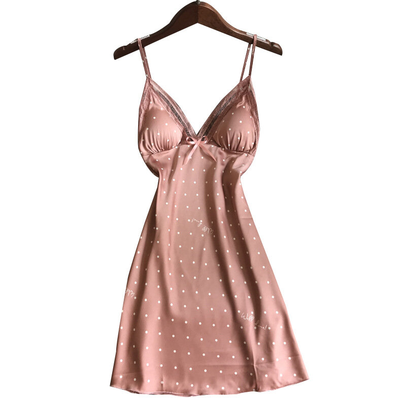 Summer Lace Sexy Dot Nightgown Women Thin Hollow Out Ice Silk Strap Chest Pad Nightdress