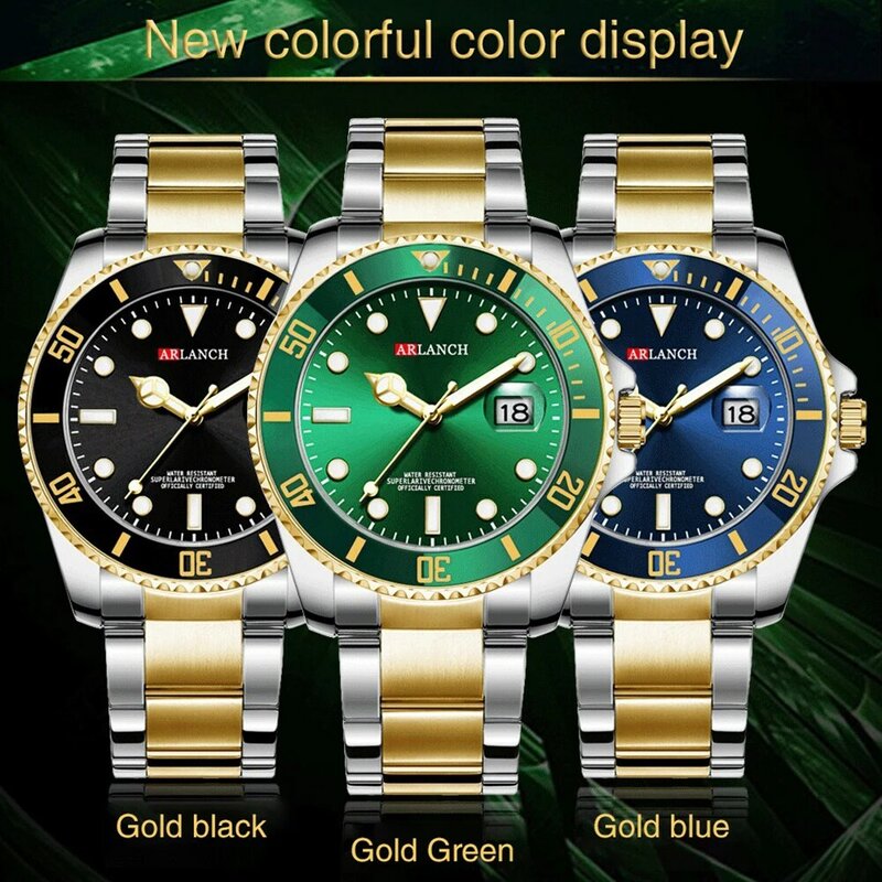 Часы наручные ARLANCH Мужские кварцевые, модные спортивные, золотистые, зеленые стальные