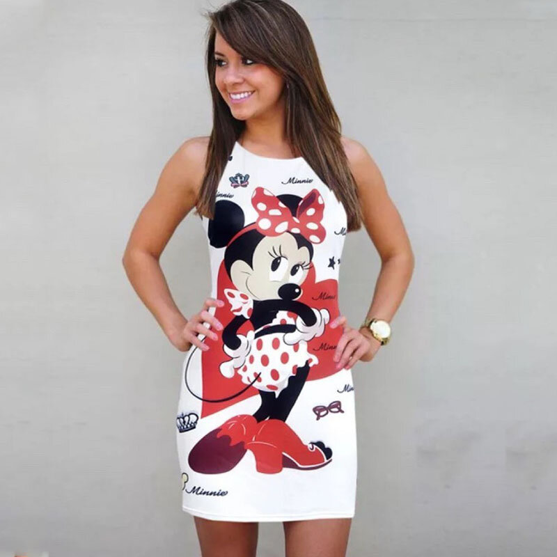 Disney Mickey Minnie Mouse sukienka kobiety modny nadruk O-Neck bez rękawów lato Mini sukienki Bodycon Slim Casual ołówek Vestidos