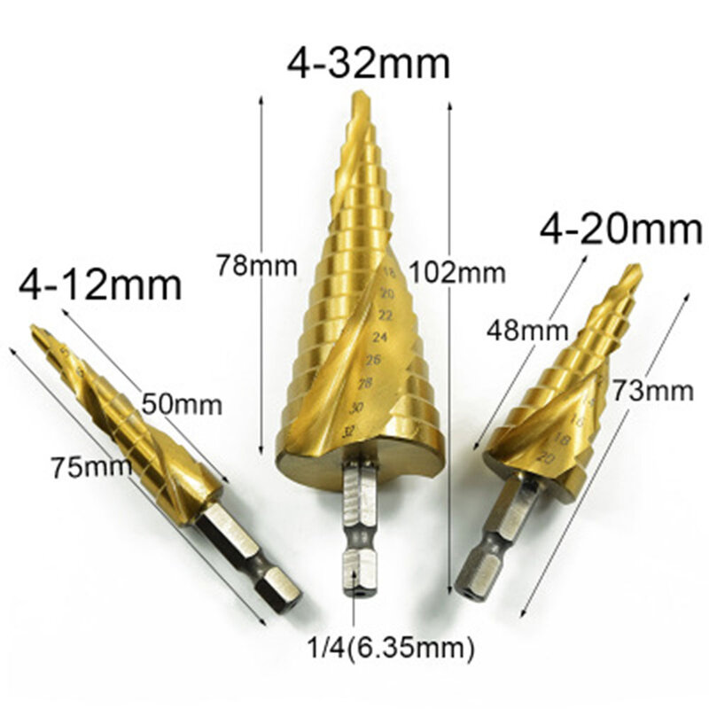 Foret étagé HSS pour azote métallique, spirale en acier rapide pour trou de tige triangulaire conique, 4-12mm, 4-20, 4-32