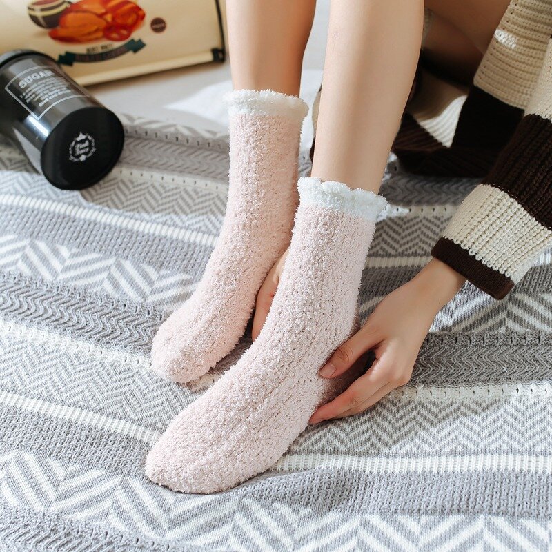 Coral Fleece Socks for Women In Autumn and Winter with Thickened Mid-thickness Plush Warm Home Floor Socks Sleep Socks
