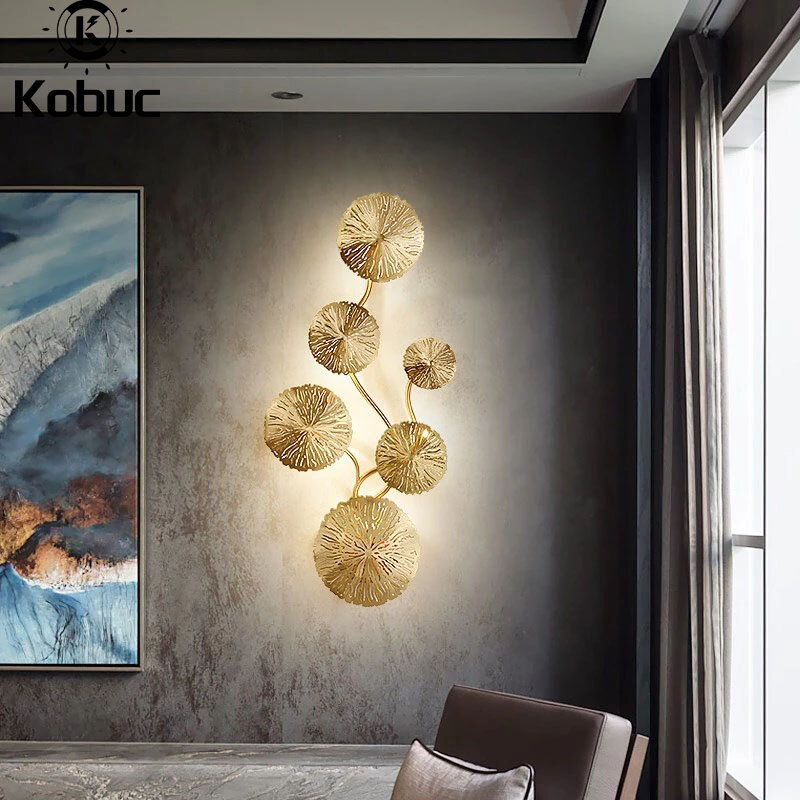 Настенный светильник Kobuc в виде листьев лотоса, винтажная прикроватная лампа из меди, декор для гостиной, домашнее освещение G4