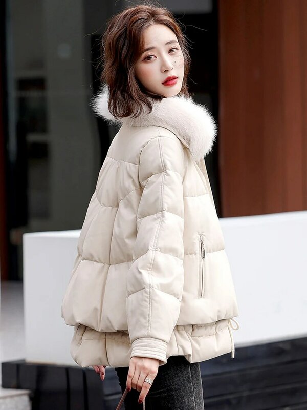 새로운 여성 가죽 다운 재킷 가을 겨울 2022년 패션 여우 모피 턴다운 칼라 졸라매는 끈 평상복 헐렁한 짧은 양가죽 코트