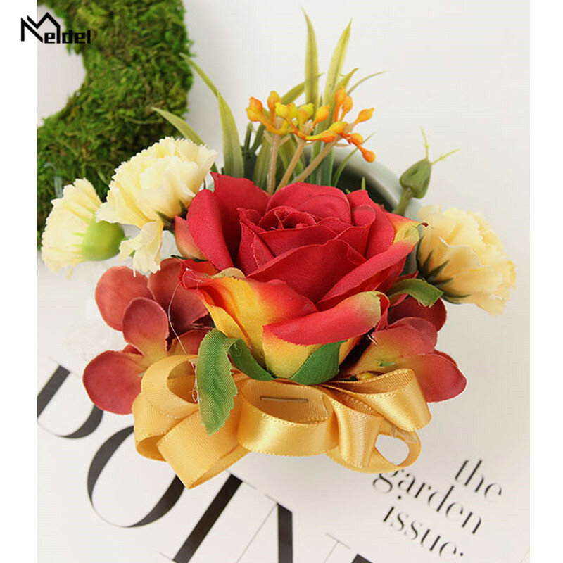 Meldel งานแต่งงานสร้อยข้อมือ Corsage Bridesmaid ดอกไม้ประดิษฐ์ดอกไม้เจ้าบ่าว Boutonniere Corsage Flore ผ้าไหมดอกไม้เข็มกลัดงานแต่งงานแต่งงาน
