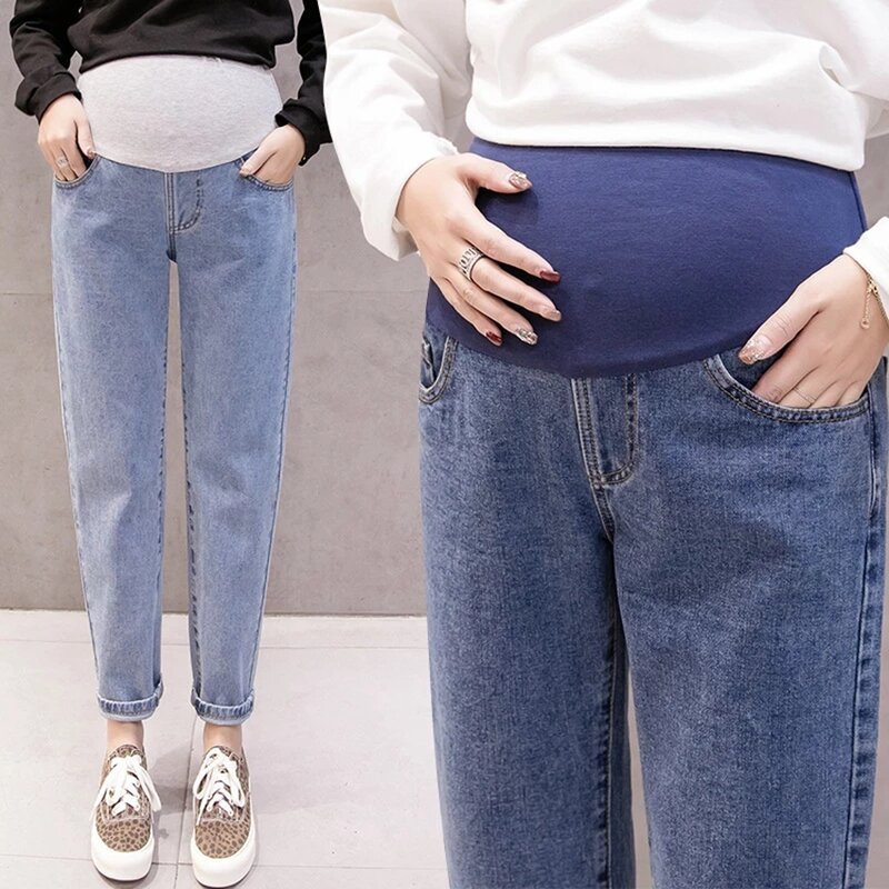 Calças abdominais para gestantes, calças de cintura alta, calças de maternidade, jeans solto, jeans de namorado