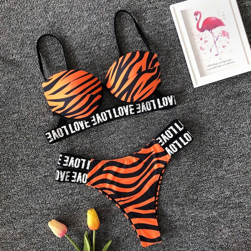 Women Sexy Push Up Bikini Set Padded Bra Swimsuit Loved Letter Print Swimwear Trainge Bathing Suit Summer Biquini