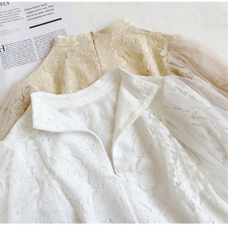 Blusa de manga corta para mujer, camisa de encaje de retales de malla dulce, blusas blancas que combinan con todo, Tops AB1864 2020