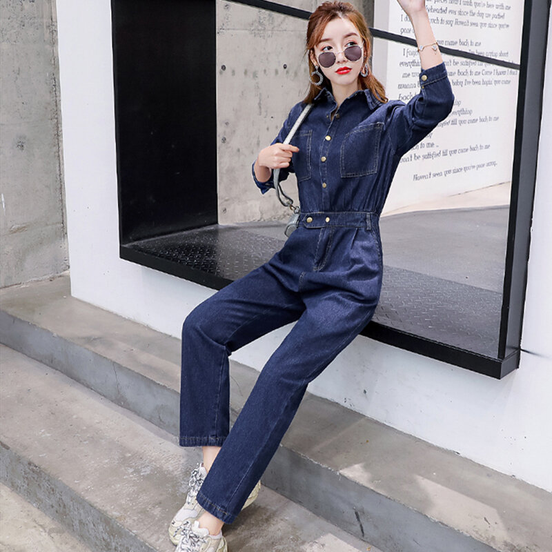 Spring Long Denim Jumpsuits Women Long Sleeve Buttons Pockets Casual Loose Playsuits Autumn Blue Wild  Plus Size Rompers Female