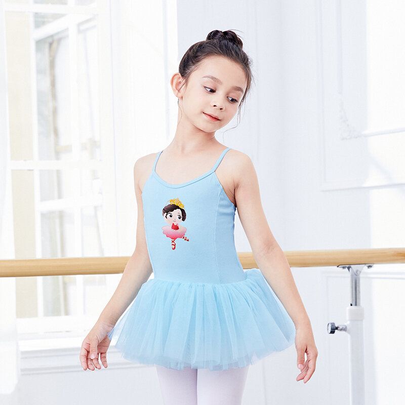 Vestido de ballet meninas vestido de dança collant com estampa dos desenhos animados alças de camisola ajustável dancewear vestido de malha macia vestido de ballet tutu