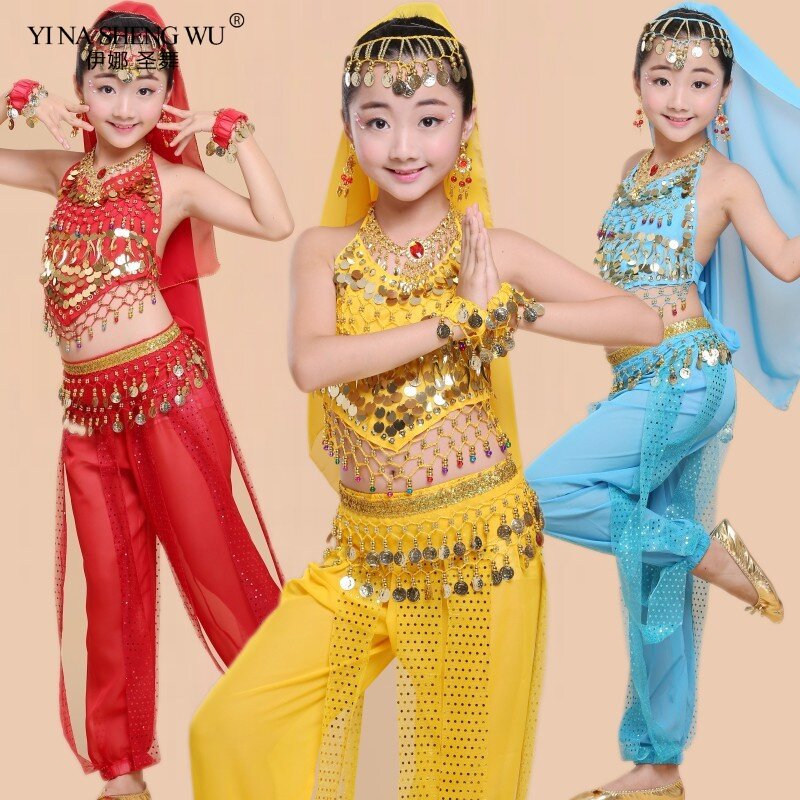 Anak-anak Tari Perut Kostum Set Tari Oriental Kostum Gadis Mesir Bollywood India Tari Perut Pakaian India 6 Warna Dance Set