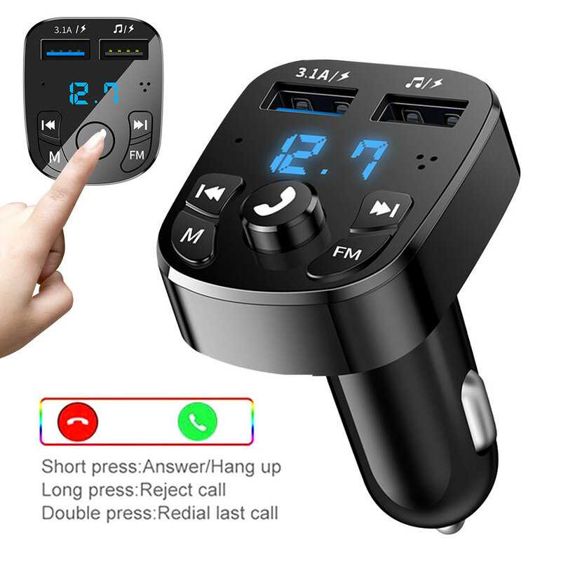 Pengisi Daya Mobil Bluetooth 5.0 USB Ganda Kit Mobil Pemancar FM Audio MP3 Player Autoradio Bebas Genggam 3,1a 12-24V untuk iPhone Samsung