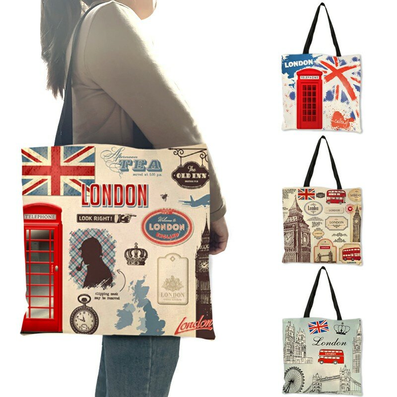 대용량 재사용 접이식 쇼핑 가방 영국 스타일 런던 풍경 패턴 인쇄 여성 핸드백 어깨 가방 B10096