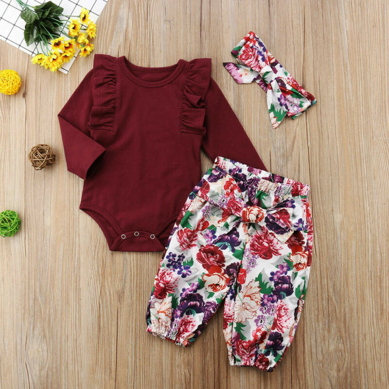 Neugeborenen Baby Mädchen Floral Gedruckt Kleidung Sets Rüschen Tops Strampler + Hohe Taille Hosen Stirnband Outfits Set Kleidung