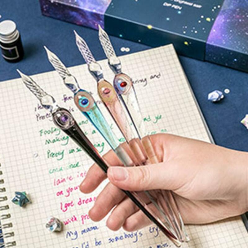 1ชุดปากกาคริสตัล Dreamlike Smooth Writhing ปากกาแก้วที่ละเอียดอ่อนลายเซ็นปากกาแก้ว Dip ปากกาปากกาปากกาประดิษฐ์ตัวอักษร