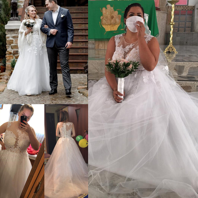 LORIE-Vestidos De Noiva Scoop Lace Applique A-Line, Vestidos De Noiva Sem Mangas Tule Boho, Trem Longo, Vestidos De Princesa Elegantes, 2020