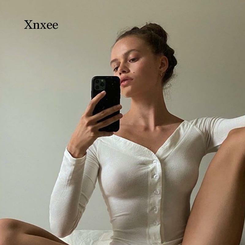 Button Up V-Neck Knitted Bodysuits Bodycon Long Sleeve Women Tops Strapless One Piece Club Party Streetwear Female Tee T-Shirt