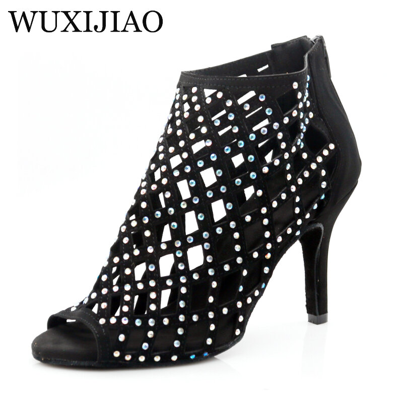 WUXIJIAO Women's black suede sparkling rhinestone dance shoes Latin dance shoes ballroom dance shoes 10 cm tango dance shoes