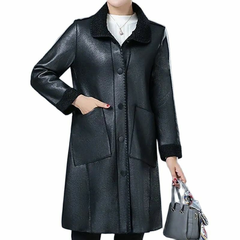 Veste en cuir PU pour femme, Parka en cuir, Long Velvet Optics, Warm and cd shield Temperament, Mother Coat, Automne, Hiver, 2023