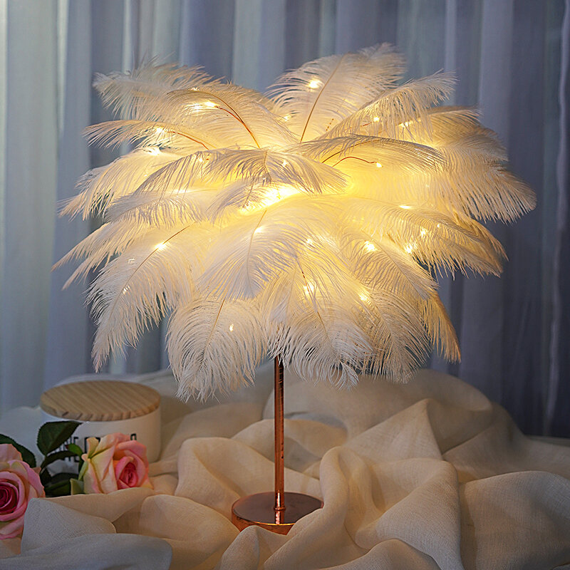 DIY kreatywne pióro lampa stołowa ciepłe białe światło drzewo pióro abażur dziewczyna LED ślub dekoracyjne światła różowy biały urodziny