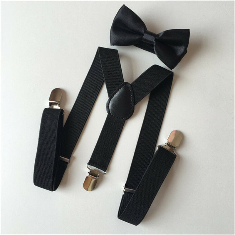 Baby High Elastic Bow Ties Set Child Wedding Matching Braces Suspenders Solid Color Bowknot Kids Gentle Bow Ties with Metal Clip