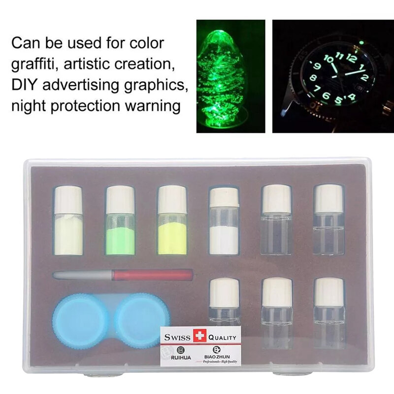 Kit de polvo fluorescente luminoso para reloj, 4 colores, 5 piezas, mezcla de líquido, advertencia nocturna